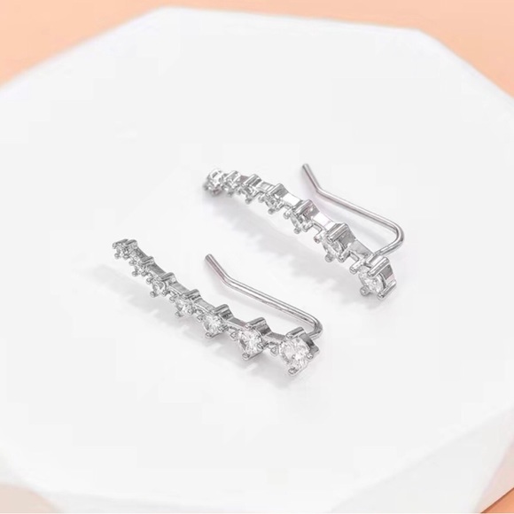 Silver Rhinestone Ear Climber Stud Earring Silver Sparkly Sexy - Picture 4 of 6